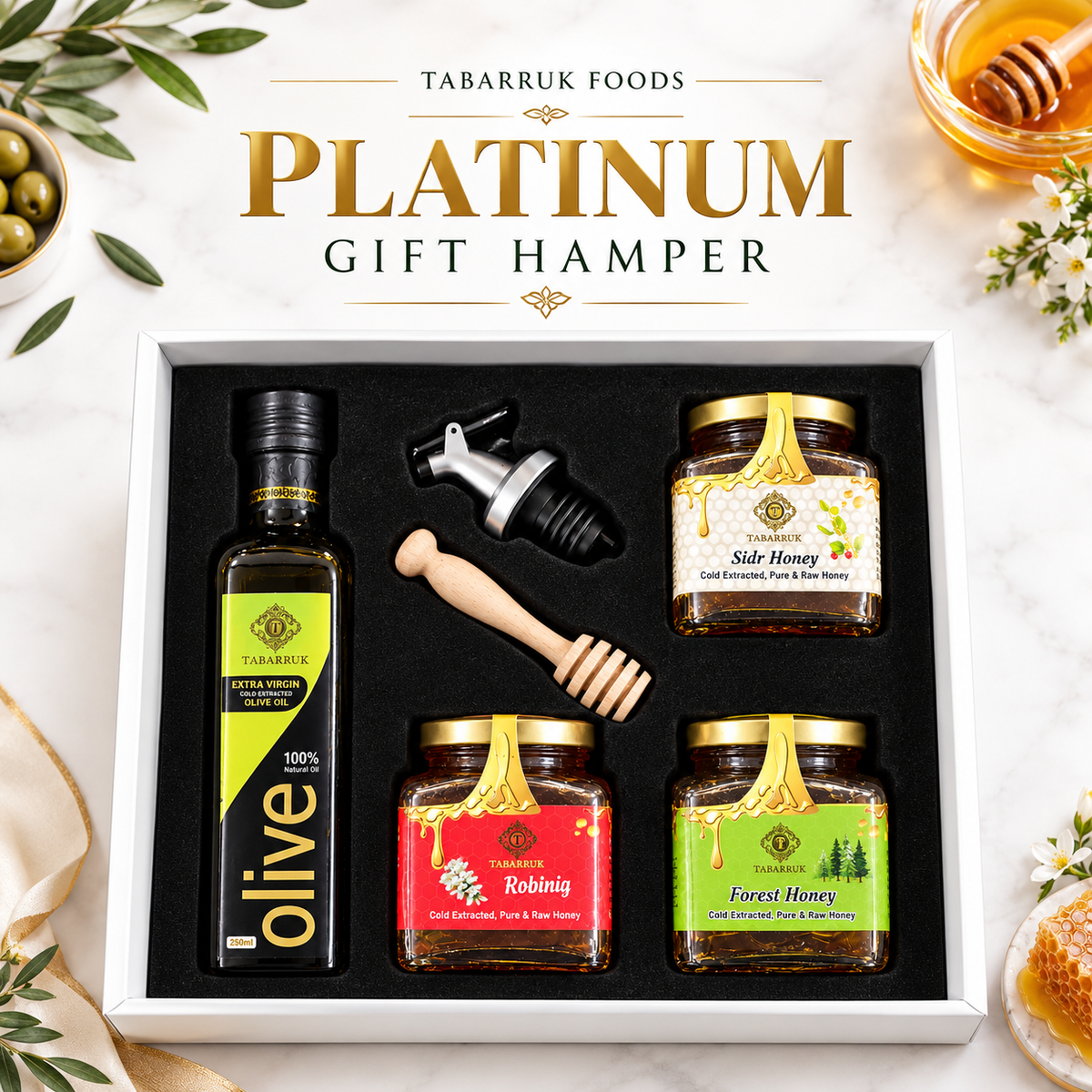 Gift Hamper - Extra Virgin Olive Oil, 250ml + Three 250g Honeys