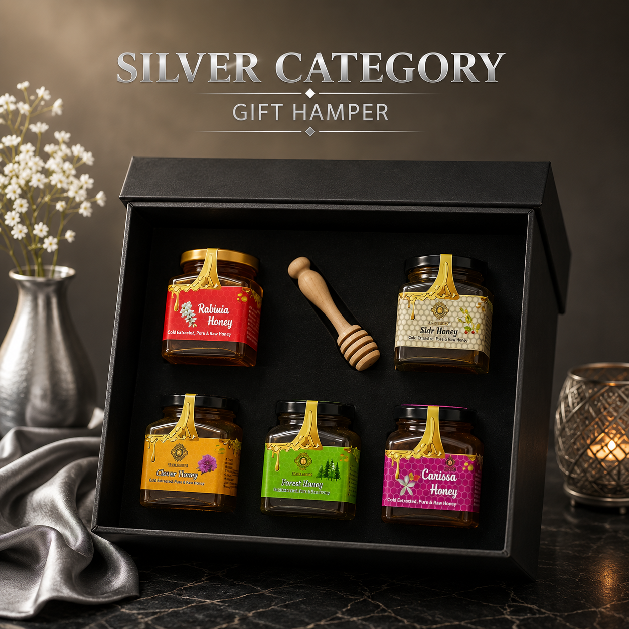 Gift Hamper - Extra Virgin Olive Oil, 250ml + Three 250g Honeys