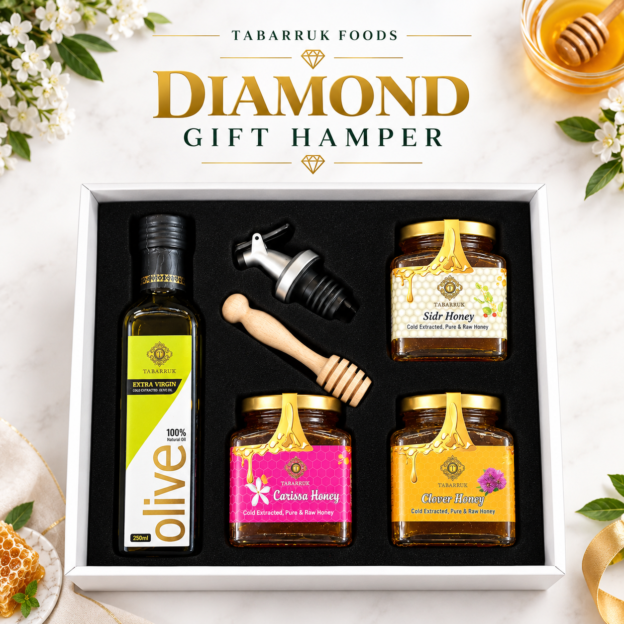 Gift Hamper - Extra Virgin Olive Oil, 250ml + Three 250g Honeys