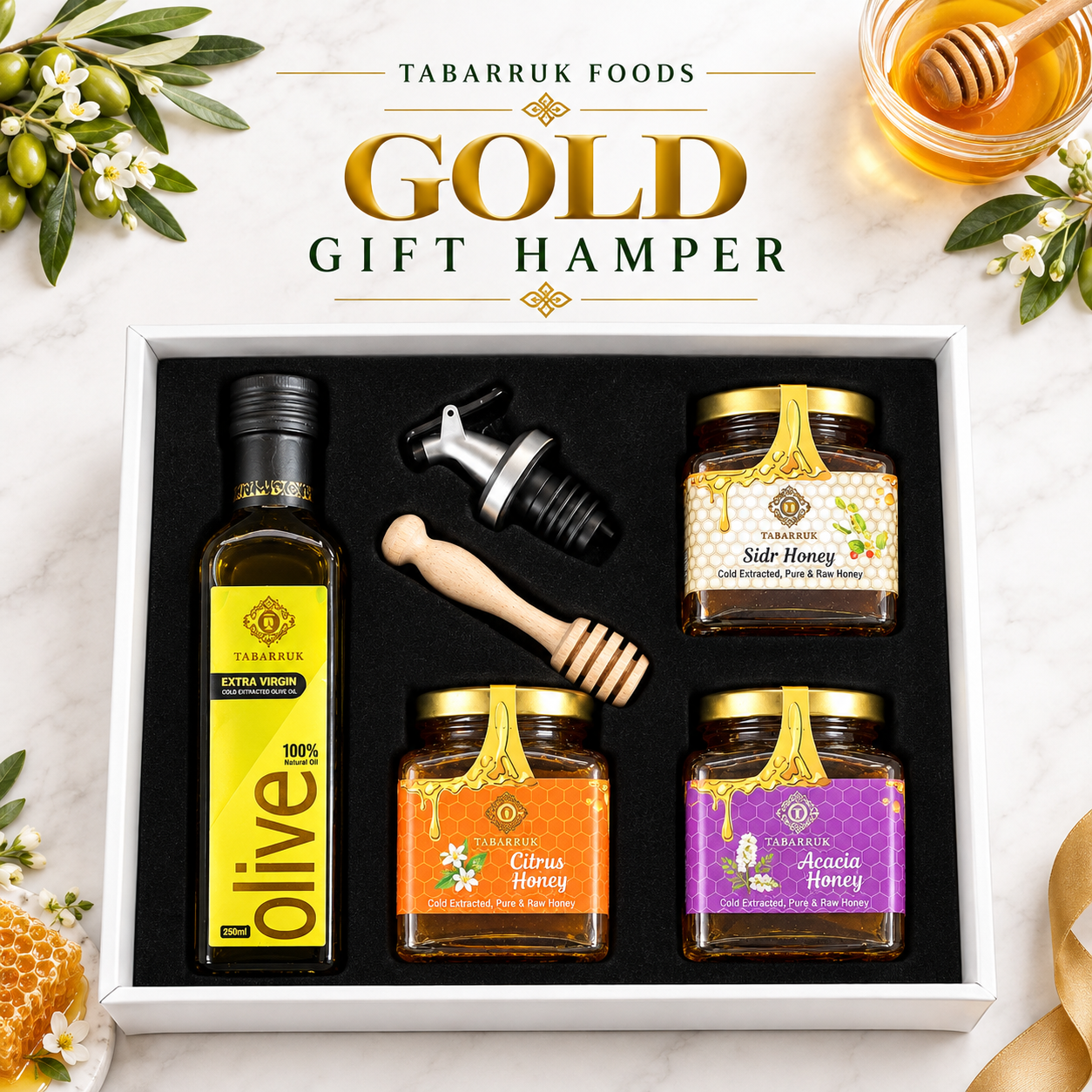 Gift Hamper - Extra Virgin Olive Oil, 250ml + Three 250g Honeys